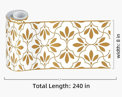 FLFK Wallpaper Border Gold and White Patterns Peel and Stick Wall Border Self Adhesive Wallpapers for Living Room Bedroom Kitchen Bathroom 8"x240"
