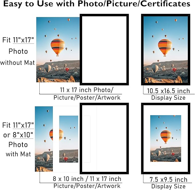 11x17 Picture Frame Set of 2 Black with 8x10 Mat, Display Photo 8x10 with Mat or 11 x 17 Without Mat, Wall Hanging Large 11x17 Poster Frame with Shatter Resistant Plexiglass, 2 Pack, Black