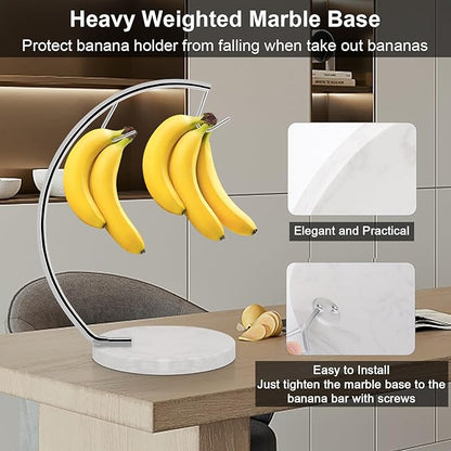 Livabber Banana Holder with Marble Base, Metal Banana Hanger Modern Tree Stand with Hook, Stylish Banana Keeper Fresh Fruit Storage Organizer Freestanding for Kitchen Countertop (Chrome, Double Hook)