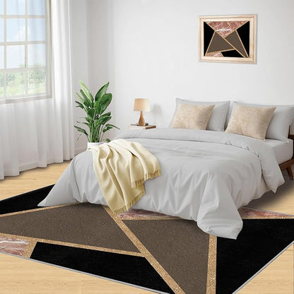 Black Gold Marble Rug Modern Geometric Marble Area Rug Mid-Century Minimalist Geometric Rugs Vintage Crackle Carpet Washable Non-Slip Carpet for Bedroom 7x10ft