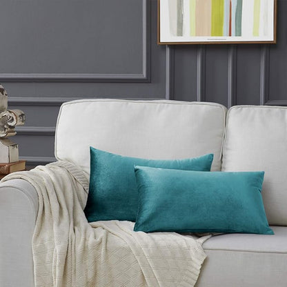 GIGIZAZA Decorative Small Lumbar Pillow Covers,Set of 2 Cushion Covers Velvet Teal Peacock Green Pillows,Sofa Throw 12 X 20 Pillow Covers