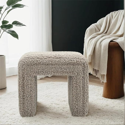 Get Set Style Vanity Stool Chair,Modern Wool Pouf Ottoman Foot Stool with Wooden Legs Sofa Bench Footstool Extra Seat for Vanity,Makeup Room,Living Room,Entryway,Office (Fully Assembled) (Khaki)