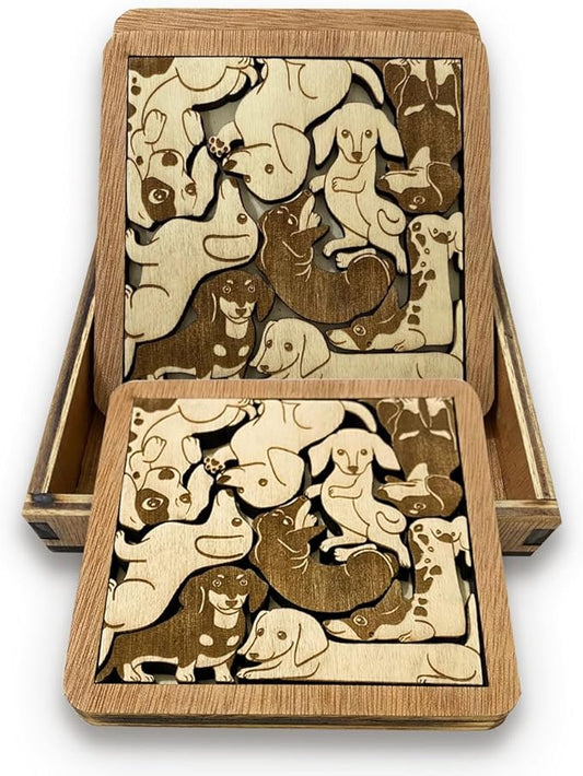 02 Dachshund Dog Puzzle Coasters - Dachshund Dog Puzzle Wooden Coaster Set - Interlocking Jigsaw Drink Mats with Laser-Cut Design for Dachshund Lovers