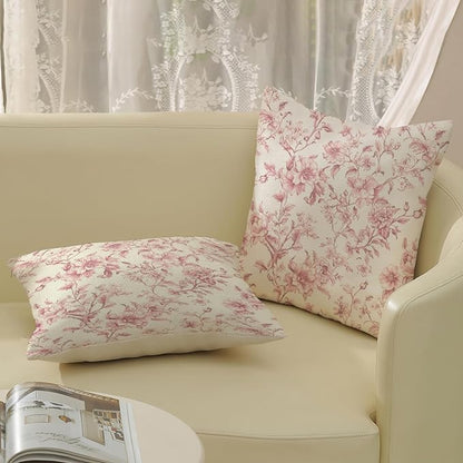 Pink Pillow Covers 20x20 Set of 2 Pink and Cream Floral Chinoiserie Throw Pillows Vintage Rustic Toile Flower Decorative Pillowcase Outdoor Chinoiserie Decor Linen Cushion Case for Couch Sofa