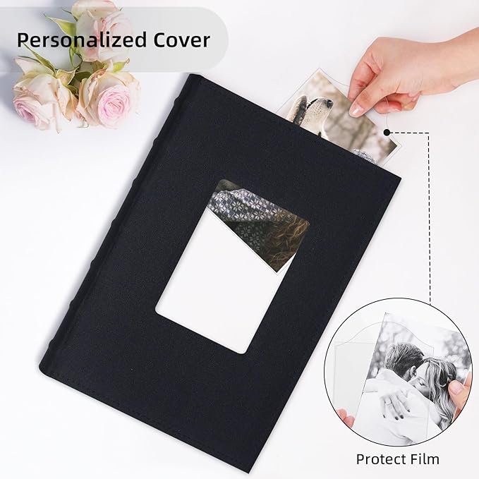 Vienrose Photo Album 4x6 300 Photos Linen Frame Cover with Memo Areas Photobook Large Capacity Slip-in Pictures Book for Wedding Baby Vacation, Black