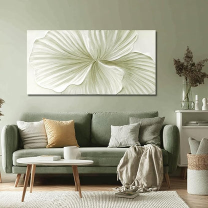 MLART99 Abstract Leaf Wall Art Modern Ginkgo Canvas Hand-drawn Painting 24x48 Green and White Large Artwork Minimalist Decoration for Living Room Bedroom Office Home