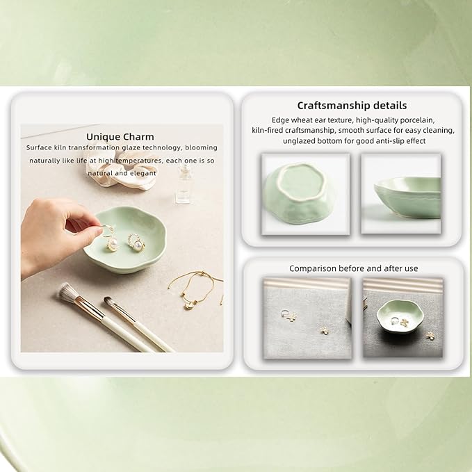 Ceramic Jewelry Tray Ring Holder Dish Floral Trinket Bowl for Women Girls Jewelry Organizer for Vanity Dresser Decor Wedding Birthday Gift for Her (green)