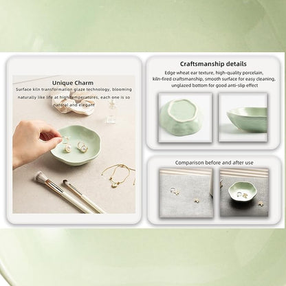 Ceramic Jewelry Tray Ring Holder Dish Floral Trinket Bowl for Women Girls Jewelry Organizer for Vanity Dresser Decor Wedding Birthday Gift for Her (green)