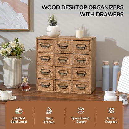 KIRIGEN Wooden Desk Storage Cabinet 12 Drawers Mini Chest with Metal Handles Desktop Organizer Storage Box for Home Office Dark Brown(12CG-DBR)