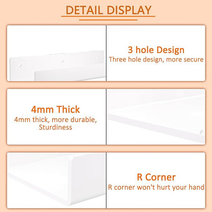12 Inches White Acrylic Wall Shelves 2 Pack, Acrylic Bookshelf for Wall. Wall Mounting Shelf for Living Room