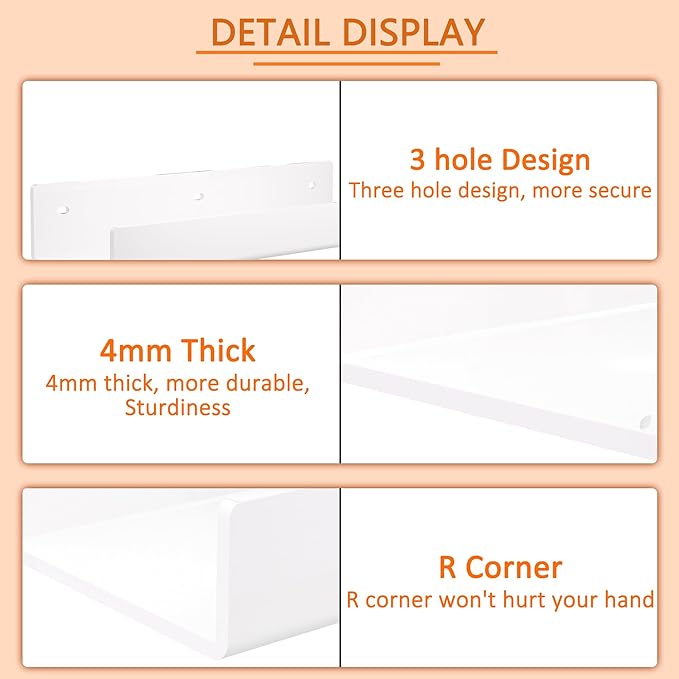 18 Inches White Acrylic Wall Display Shelf 2 Pack, Wall Shelves Organizer for Books, Bottles, Small Plants, Picture Frames, Spice, Wine, Décor, Figures