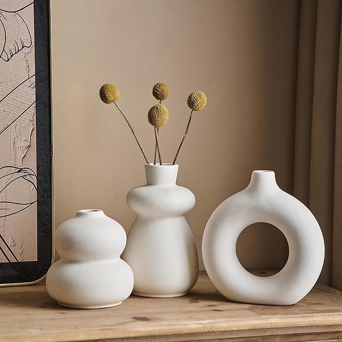 White Ceramic Vase Set of 3 Small Flower Vases for Home Decor, Modern BohoVase for Pampas Grass, Round Decorative Vases Table Centerpieces for Wedding Living Room Shelf Coffee Table (White Vase - A)