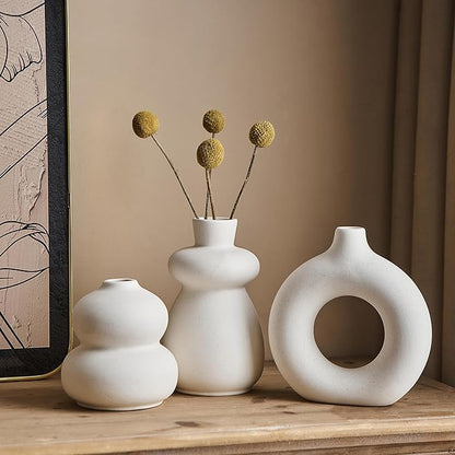 White Ceramic Vase Set of 3 Small Flower Vases for Home Decor, Modern BohoVase for Pampas Grass, Round Decorative Vases Table Centerpieces for Wedding Living Room Shelf Coffee Table (White Vase - A)