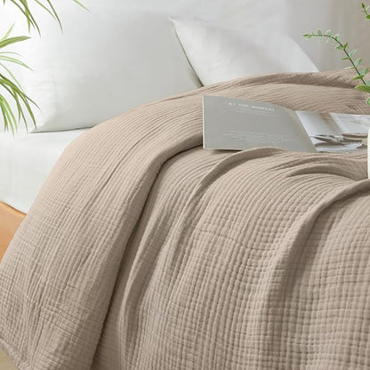 PHF 100% Cotton Muslin Throw Blanket 50" x 60", 4-Layer Lightweight Gauze Throw, Breathable Cloud-Soft Minimalist Blanket for Bed, Couch, Camping & Baby, Taupe, Ideal Gift