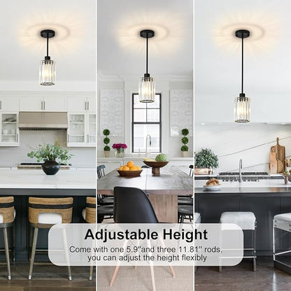 Crystal Pendant Lights for Kitchen Island, 2 Pack Modern Black Kitchen Pendant Light Fixtures, Mini Crystal Hanging Lights for Kitchen, Dining Room, Hallway, Foyer, Entryways