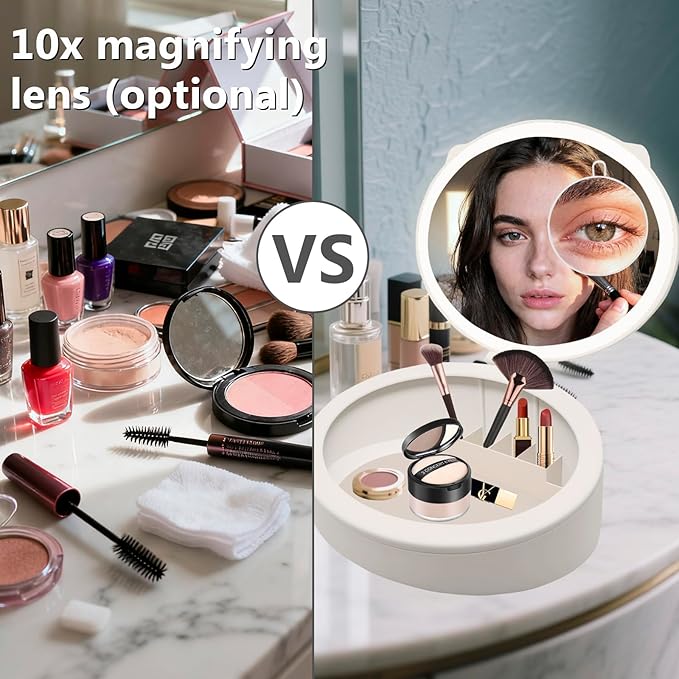 LED Makeup Mirror with Storage, 10X /1X Magnifying Vanity Mirror with 3 Types of Light, 66 LED Vanity Mirror with Lights,3-in-1 Deskop Storage Mirror,Travel Makep Mirror (White)