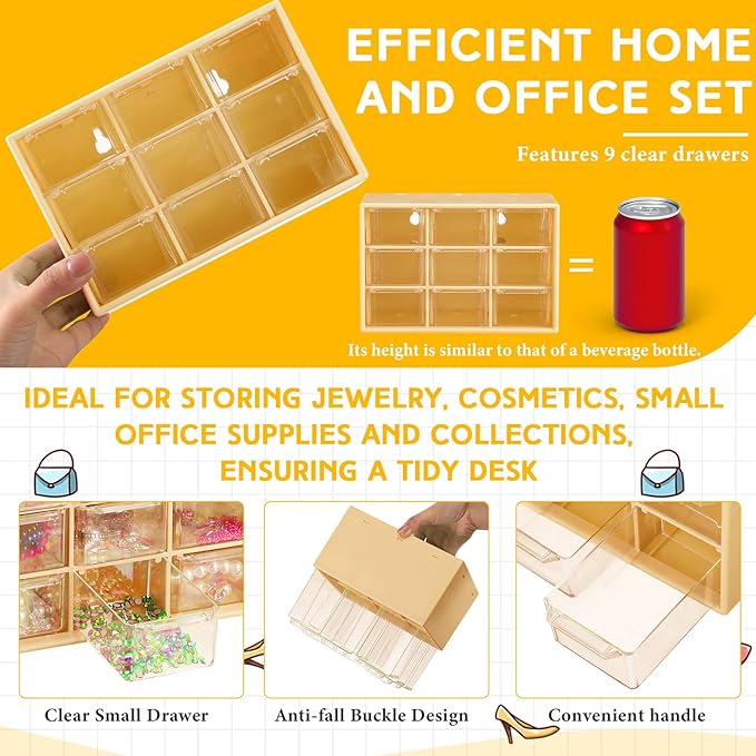 Wenqik 2 Pcs Mini Storage Drawers Teacher Toolbox Organizer with 9 Clear Drawers Small Plastic Desktop Teacher Desk Craft Organizer for Classroom Office 7" x 3. 9" x 4. 7"(Yellow)
