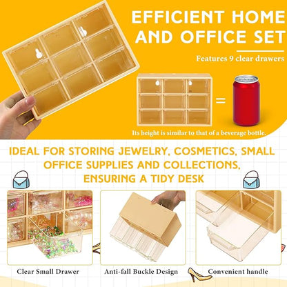 Wenqik 2 Pcs Mini Storage Drawers Teacher Toolbox Organizer with 9 Clear Drawers Small Plastic Desktop Teacher Desk Craft Organizer for Classroom Office 7" x 3. 9" x 4. 7"(Yellow)
