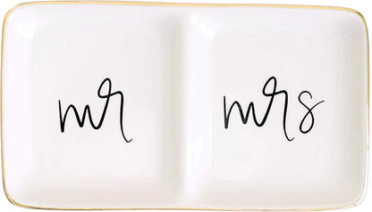 Sweet Water Decor Mr and Mrs Ring Dish - Personalized Wedding & Engagement Gift, Ring or Jewelry Dish Holder - Trinket Tray & Bedroom Decor - Ceramic White