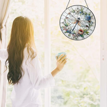 Dragonfly Sun Catcher 6.3‘’ Dragonfly Gifts for Women Stained Glass Window Hanging Sun Catchers Indoor Window Wall Decor Handmade SunCatcher Decoration for Garden Home Housewarming Gifts