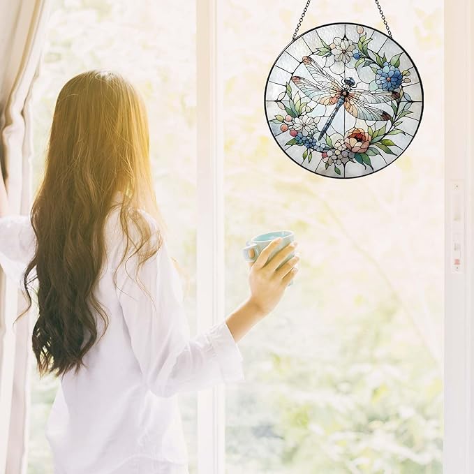 Dragonfly Gifts for Women, 7.8'' Dragonfly Sun Catcher Stained Glass Window Hanging SunCatchers Indoor Window Wall Decor Handmade SunCatcher Decoration for Garden Home Housewarming Gifts