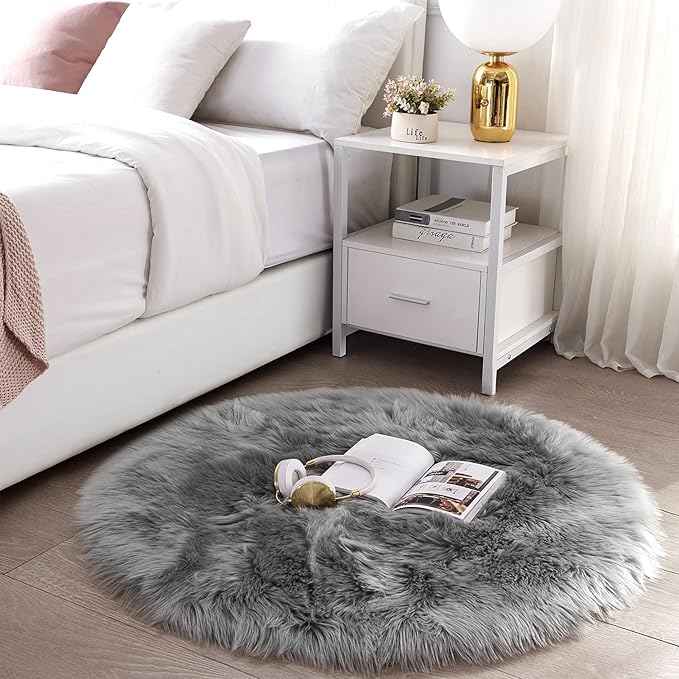 SERISSA Soft Round Faux Sheepskin Fur Rug for Bedroom Grey Circle Fluffy Rugs Circular Shaggy Rug Plush Circle Carpet Play Mats for Kids Girls Room, 5ft Diameter