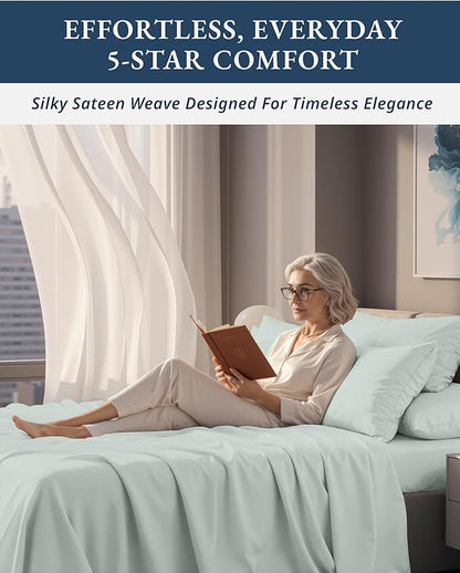LANE LINEN 100% Egyptian Cotton Ultra Soft Queen Size Sheets Set, Mercerized Silky Sateen Weave, Fully Elasticized Fitted Sheet with French Seam, Hotel Quality Thick Luxury Bed Sheets – Murmur
