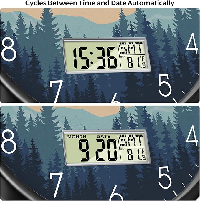 Silent Wall Clock with Day Week Temperature Wilderness with Sunset Non-ticking Battery Operated Large Digital Modern Clocks Display with Calendar and Date for Kitchen Farmhouse Bathroom Office 14 Inch