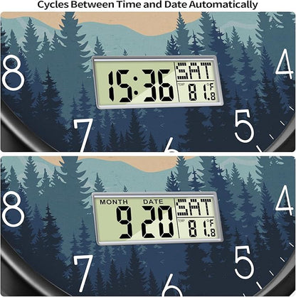 Silent Wall Clock with Day Week Temperature Wilderness with Sunset Non-ticking Battery Operated Large Digital Modern Clocks Display with Calendar and Date for Kitchen Farmhouse Bathroom Office 14 Inch