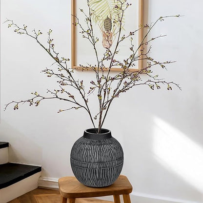 7" Short Rustic Vase with Geometric Linear Striations, Round Ceramic Vase Suitable for Leaves Stems & Flowers, Low-Profile & Cool Tone Style, Chunky, Small & Dark Grey