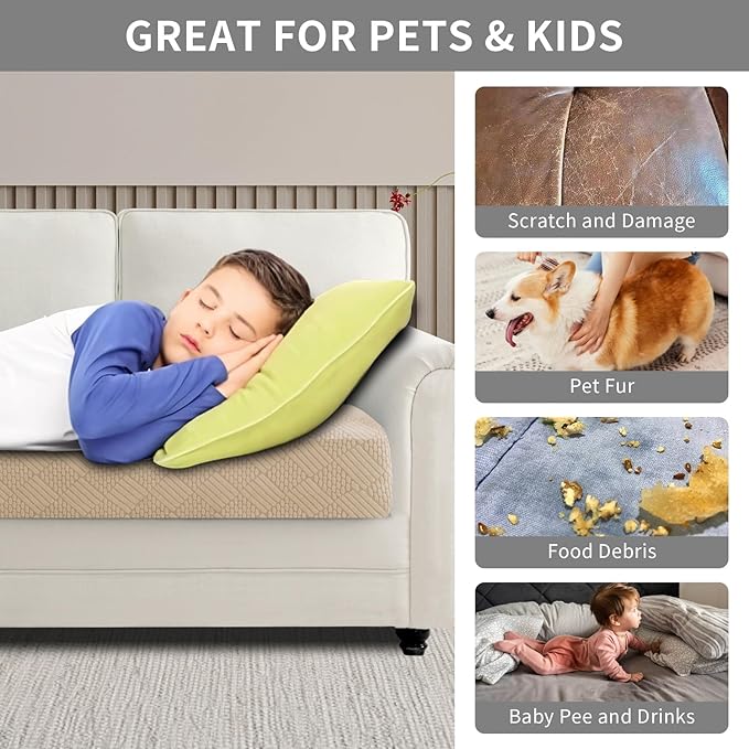 Easy-Going Waterproof Couch Cushion Covers for Couches and Sofas, Stretch Jacquard Sofa Seat Cover Replacement for Dogs, Pets & Kids, Durable Furniture Protector for Sofa Cushions, Camel