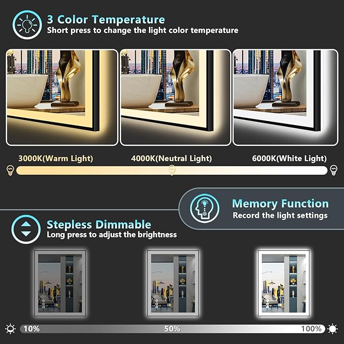 30"x36" Black Framed LED Bathroom Mirror with Lights, Backlit & Front Lit, Anti-Fog Lighted Vanity Mirrors for Bathroom Wall, Dimmable, 3 Colors, Memory, Shatter-Proof, Tempered Glass, CRI＞90