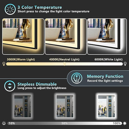 30"x36" Black Framed LED Bathroom Mirror with Lights, Backlit & Front Lit, Anti-Fog Lighted Vanity Mirrors for Bathroom Wall, Dimmable, 3 Colors, Memory, Shatter-Proof, Tempered Glass, CRI＞90
