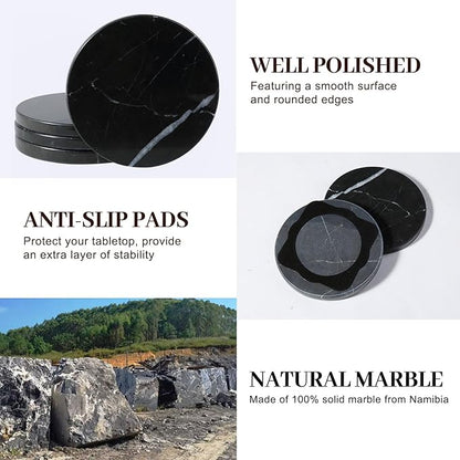 Koville Marble Coaster Set of 4, Round Coasters, 4" Stone Coaster for Drinks Coffee, White Marble Coasters for Coffee Table Home Bar Decor, Heat Resistant, Gift Choice(Black)