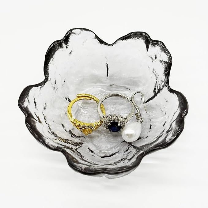 Flower Ring Dish Jewelry Tray, Glass Jewelry Dish Tray, Aesthetic Room Decor Small Trinket Dish, Nightstand Jewlery Ring Holder Dish, Bathroom Jewelry Plate Bowl for Rings Earrings Gift (Smoky Gray)