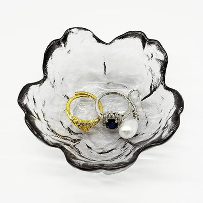 Flower Ring Dish Jewelry Tray, Glass Jewelry Dish Tray, Aesthetic Room Decor Small Trinket Dish, Nightstand Jewlery Ring Holder Dish, Bathroom Jewelry Plate Bowl for Rings Earrings Gift (Smoky Gray)