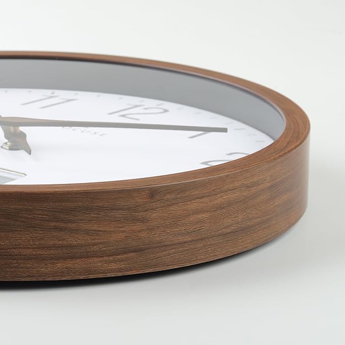 Lafocuse 12 Inch Silent Brown Wall Clock with Time Day Date Temperature, Battery Operated Wall Clock Analog and Digital with Calendar for Kitchen Living Room Home Décor