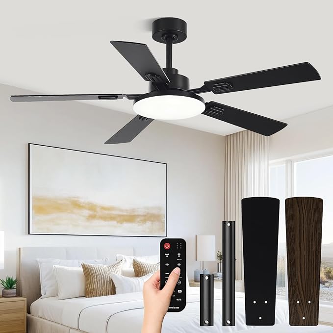 52 Inch Ceiling Fans with Lights and Remote for Bedroom Living Room Kitchen Office, Indoor/Outdoor Use, 5CCT Dimmable, 5 Blades, 6 Speed Reversible Quiet DC Motor, Black/Wood Grain