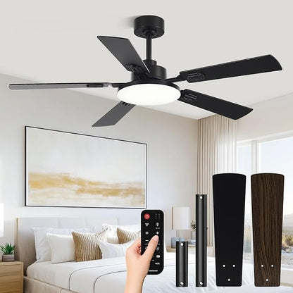 52 Inch Ceiling Fans with Lights and Remote for Bedroom Living Room Kitchen Office, Indoor/Outdoor Use, 5CCT Dimmable, 5 Blades, 6 Speed Reversible Quiet DC Motor, Black/Wood Grain