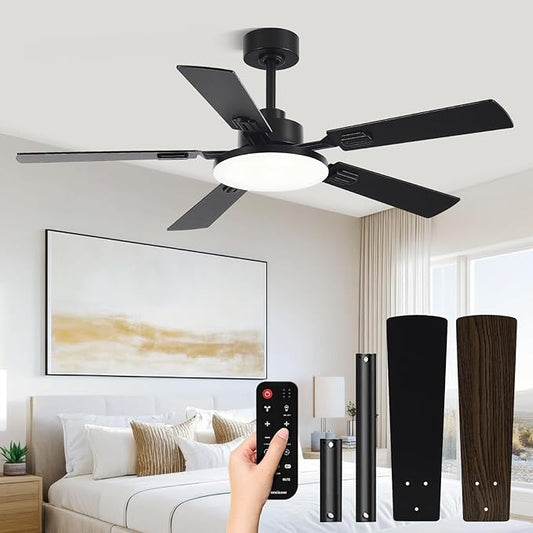 52 Inch Ceiling Fans with Lights and Remote for Bedroom Living Room Kitchen Office, Indoor/Outdoor Use, 5CCT Dimmable, 5 Blades, 6 Speed Reversible Quiet DC Motor, Black/Wood Grain