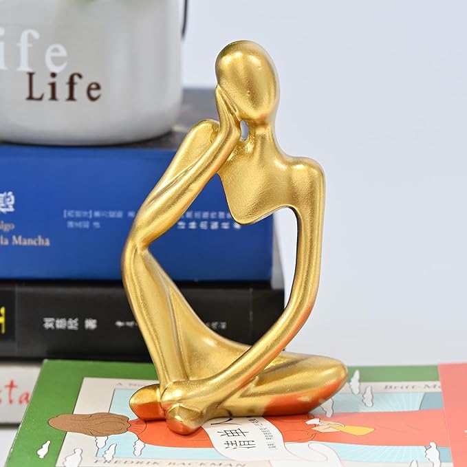 BOPART Gold Thinker Statue Home Decor, Resin Abstract Thinker Sculpture Figurines Shelf Decor Accents for Living Room, Office, Bookshelf, Desktop