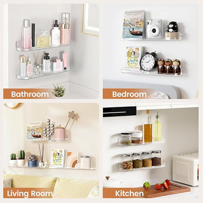SpaceWhisper Floating Shelves for Wall, 8-Pack 15" Wall Shelves for Bathroom, Bedroom, Kitchen, Living Room, Display Hanging Shelf Organizer for Book, Picture Ledge, Figure Storage, Room Decor (Clear)