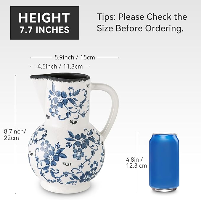 Blue and White Vintage Vase with Handle, Ceramic Chinoiserie Floral Pitcher Vase, Blue Large Vases for Home Decor Living Room, Rustic Table Centerpiece Grand Millennial and Tuscan Decor 8.7 Inch