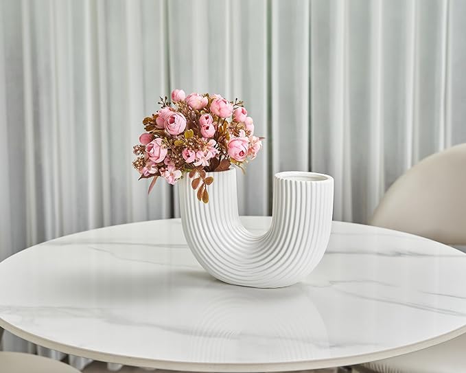 White Ceramic Vase Decor, U-Shaped Stripes Vase, Modern Decorative Vase, Aesthetic Vase for Modern Homes, Offices, Ideal Gift for Birthdays and Special Occasions