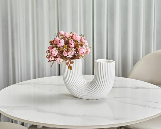 White Ceramic Vase Decor, U-Shaped Stripes Vase, Modern Decorative Vase, Aesthetic Vase for Modern Homes, Offices, Ideal Gift for Birthdays and Special Occasions