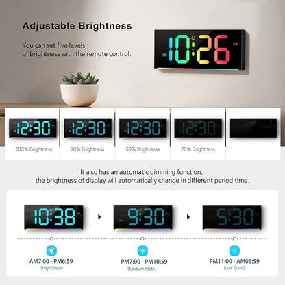 Abovsare Digital Wall Clock Large Display, 13" Alarm Clock with 12 RGB Colors Changing Remote Control, LED Clocks with Night Lights for Living Room Bedroom Office Wall Decor, Black