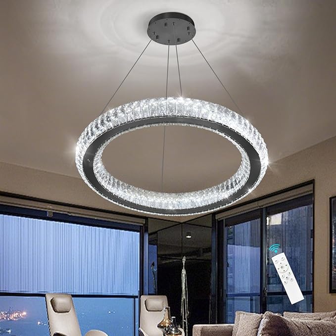 Crystal Ring Chandelier Black Modern LED Pendant Lights for Dining Room Remote Dimmable Hanging Light Kitchen Island Entrance Bedroom Lighting Chandeliers
