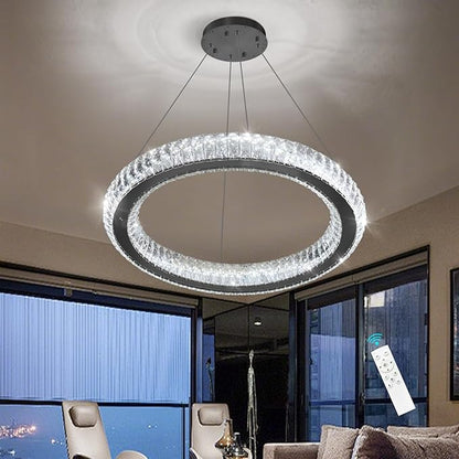 Crystal Ring Chandelier Black Modern LED Pendant Lights for Dining Room Remote Dimmable Hanging Light Kitchen Island Entrance Bedroom Lighting Chandeliers