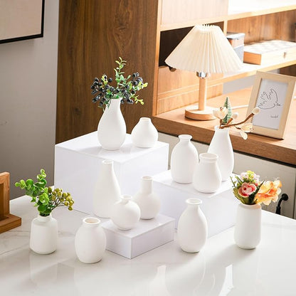 White Bud Vases, Ceramic Small Vase Set of 12, Mini Vases for Fresh and Dried Flowers, Modern Home Decor, Pottery Table Centerpiece