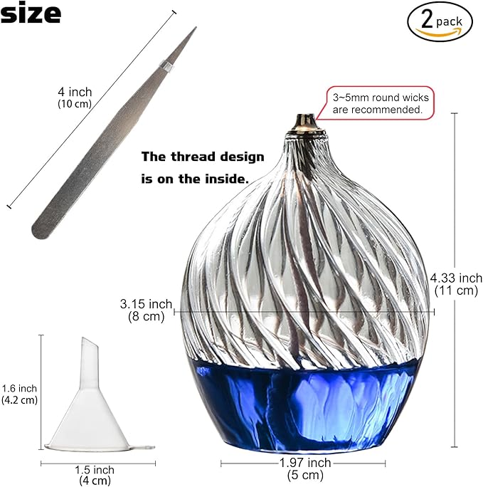 2Pcs Refillable Liquid Petite Glass Oil lamp, Sturdy Borosillicate Glass Oil Candle, Unique Internal Thread Appearance for Fine Dining & Restaurants or Home
